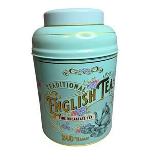 Traditional English Tea Fine Breakfast Tea Tin Empty Turquoise 9.5x6.5 Canister